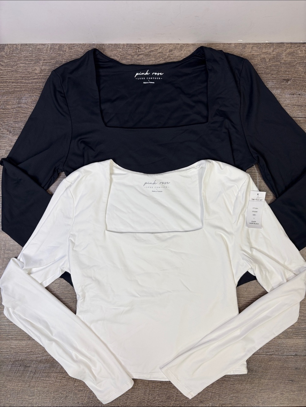 Pink Rose Luxe Contour Square Neck Long Sleeve Tops 2-Pc Black & Ivory Large NWT